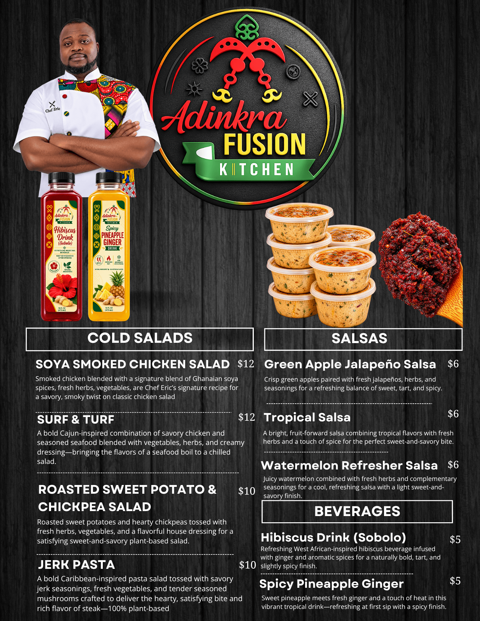 Adinkra Fusion Kitchen market menu — cold salads, salsas, and beverages